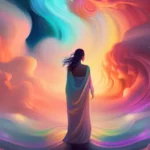 A serene scene featuring a glowing, ethereal figure standing amidst a backdrop of swirling, colorful clouds. - miracles real