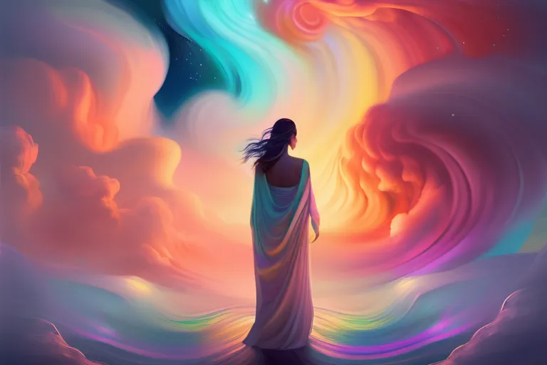 A serene scene featuring a glowing, ethereal figure standing amidst a backdrop of swirling, colorful clouds. - miracles real