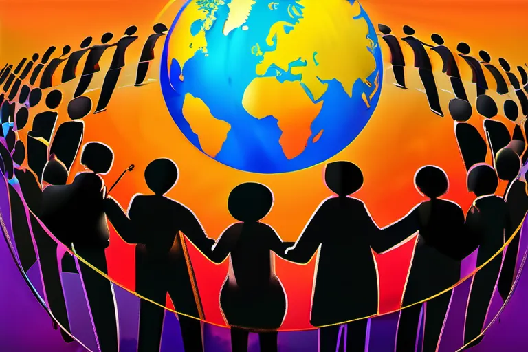 A vibrant, diverse crowd gathered around a globe, symbolizing the interconnectedness of people and cultures across the world. - Religion Globalization Coexistence