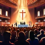 A vibrant, diverse crowd gathered around a political stage, with religious symbols subtly interwoven throughout the scene. - religionpoliticsintersection