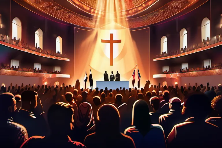 A vibrant, diverse crowd gathered around a political stage, with religious symbols subtly interwoven throughout the scene. - religionpoliticsintersection