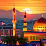 A vibrant, multicultural cityscape at sunset with a mosque, church, and temple visible in the distance. - Religion and Secularism Coexistence