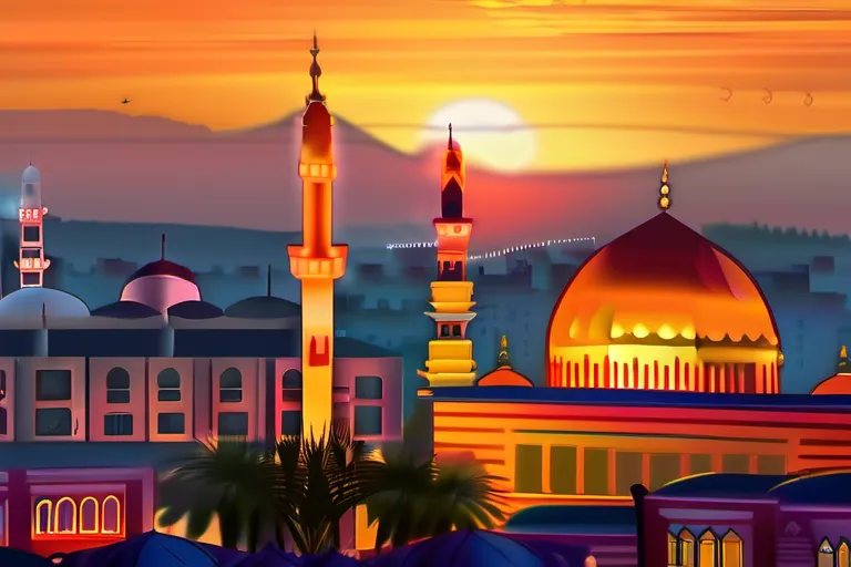 A vibrant, multicultural cityscape at sunset with a mosque, church, and temple visible in the distance. - Religion and Secularism Coexistence