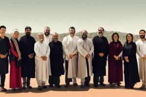 A diverse group of people standing together, each holding a symbol representing different religions. - multiple faith affiliations