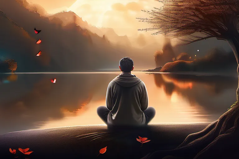 A person contemplating in a serene, nature-filled environment, symbolizing the search for meaning outside of religion. - meaning without religion