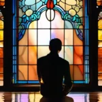 A thoughtful person contemplating a question mark against a backdrop of a stained-glass window. - God's Existence