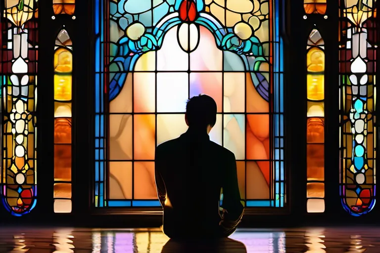 A thoughtful person contemplating a question mark against a backdrop of a stained-glass window. - God's Existence