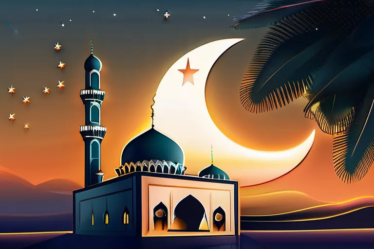 A serene mosque at sunset with a crescent moon and star in the sky. - Islam Core Beliefs