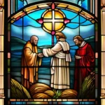 A stained-glass window depicting a baptism scene, symbolizing the centrality of baptism in Baptist beliefs. - Baptist Beliefs