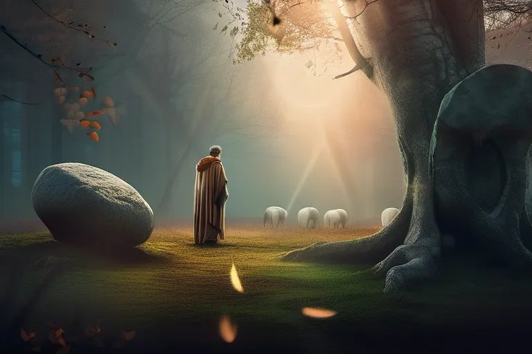 A mystical forest scene with a druid standing before an ancient stone circle. - Celtic Paganism