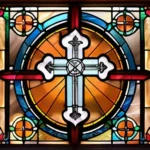 A stained-glass window depicting the symbols of the Church of the Nazarene: a cross, a flame, and an anchor. - Church of the Nazarene beliefs