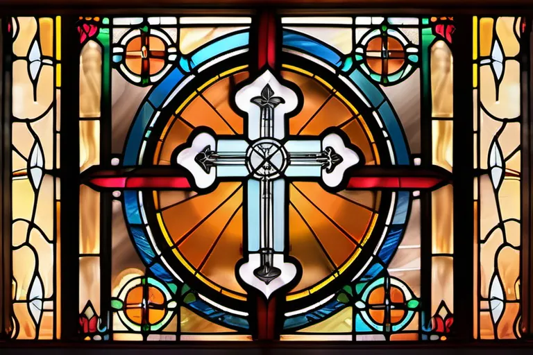 A stained-glass window depicting the symbols of the Church of the Nazarene: a cross, a flame, and an anchor. - Church of the Nazarene beliefs