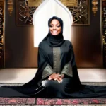 A captivating image showcasing a serene Janet Jackson in traditional Muslim attire, surrounded by symbols of Islam such as the Kaaba and the Quran. - Janet Jackson Muslim beliefs