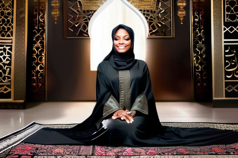 A captivating image showcasing a serene Janet Jackson in traditional Muslim attire, surrounded by symbols of Islam such as the Kaaba and the Quran. - Janet Jackson Muslim beliefs