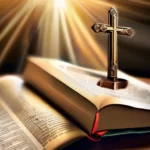 A serene image of a cross with a book of scripture open to a page about Jesus' teachings. - Jesus beliefs Christianity