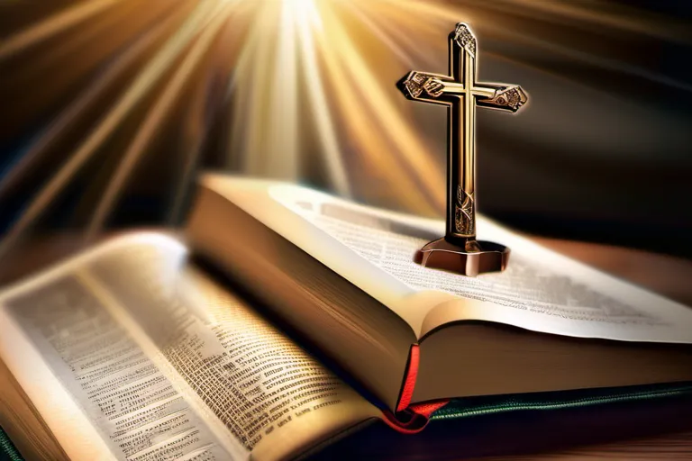 A serene image of a cross with a book of scripture open to a page about Jesus' teachings. - Jesus beliefs Christianity