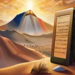 A stylized depiction of Mount Sinai with tablets of the Ten Commandments, symbolizing the revelation of Moses' teachings to the Israelites. - Moses Monotheism