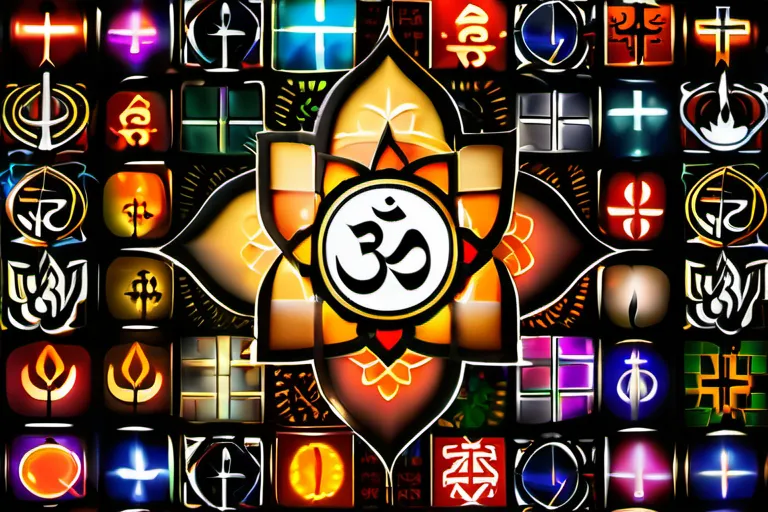 A colorful mosaic of religious symbols representing Christianity, Islam, Hinduism, Buddhism, and other major religions. - religious beliefs