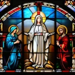 A stained-glass window depicting key symbols of Roman Catholicism such as the cross, the Virgin Mary, and saints. - Roman Catholic beliefs