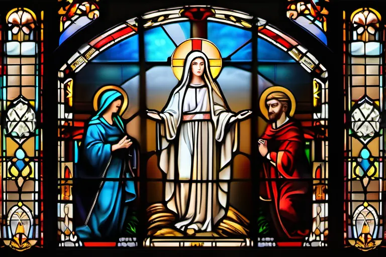 A stained-glass window depicting key symbols of Roman Catholicism such as the cross, the Virgin Mary, and saints. - Roman Catholic beliefs