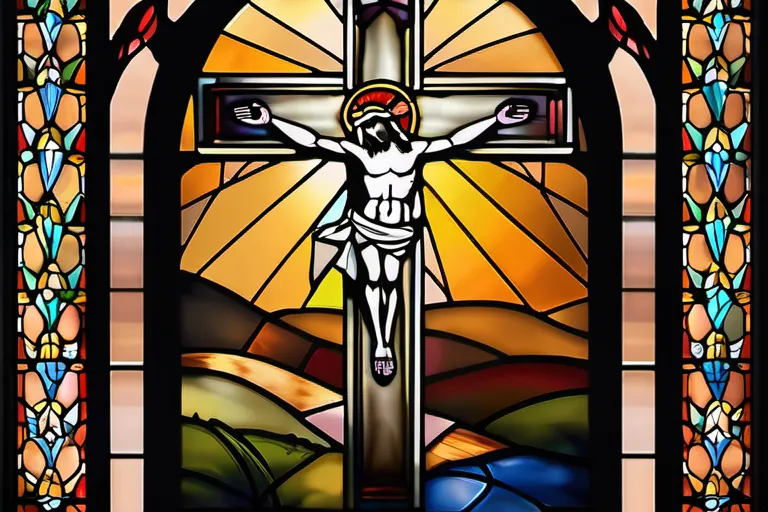 A serene image of a stained-glass window depicting Jesus and the cross, symbolizing salvation in Christianity. - salvation in christianity