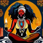 A vibrant image featuring Yemaya, the Orisha of the sea, surrounded by symbols of Santeria such as candles, drums, and cowrie shells. - Santeria Witchcraft