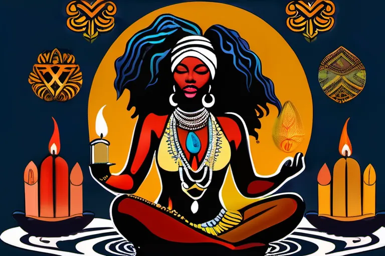 A vibrant image featuring Yemaya, the Orisha of the sea, surrounded by symbols of Santeria such as candles, drums, and cowrie shells. - Santeria Witchcraft