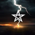 A dark, ominous sky with a single glowing pentagram illuminated by lightning. - satanism beliefs