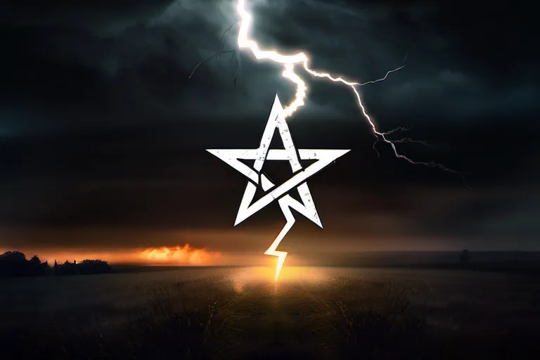 A dark, ominous sky with a single glowing pentagram illuminated by lightning. - satanism beliefs