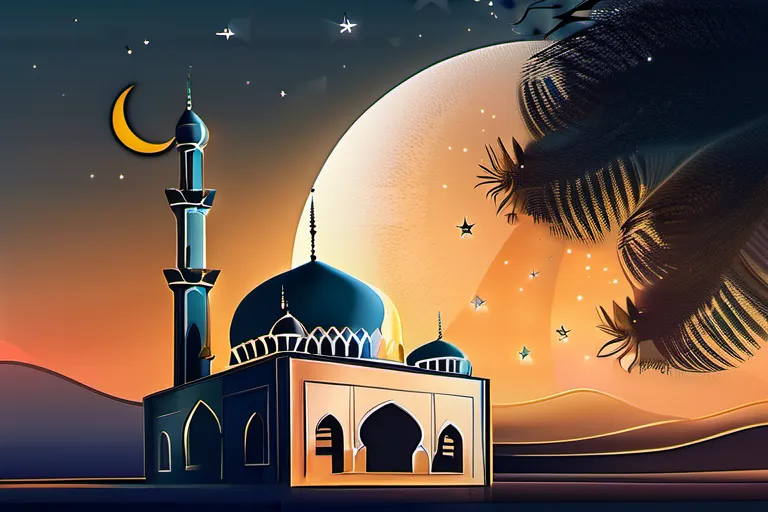 A beautiful mosque at sunset with a crescent moon and star in the sky. - Islam beliefs