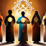 A diverse group of people standing together, each holding a symbol representing one of the major world religions. - religion, beliefs, Christianity, Islam, Hinduism, Buddhism, Judaism