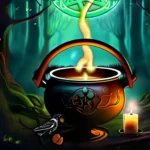 A mystical forest scene with a full moon, a pentacle, and a cauldron to represent Wiccan beliefs. - Wiccan deities