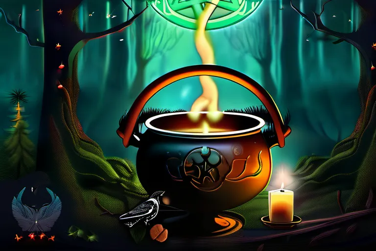 A mystical forest scene with a full moon, a pentacle, and a cauldron to represent Wiccan beliefs. - Wiccan deities