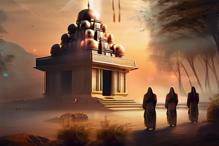 A mystical, otherworldly scene featuring a Yazidi temple and the seven holy beings of Yazidism. - Yazidism beliefs