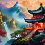 A vibrant painting depicting a Taoist temple surrounded by mountains, with various mythical creatures and deities. - Chinese Folk Religion