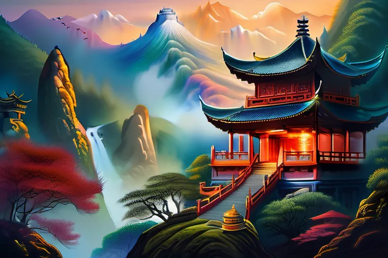 A vibrant painting depicting a Taoist temple surrounded by mountains, with various mythical creatures and deities. - Chinese Folk Religion