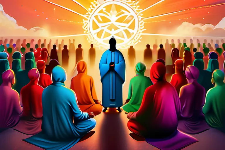 A vibrant, diverse crowd gathered around a central figure representing Chrislam, symbolizing unity and interfaith harmony. - Chrislam one world religion