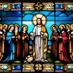 A stained-glass window depicting various saints and religious symbols, with a cross at the center. - Christian Catholicism