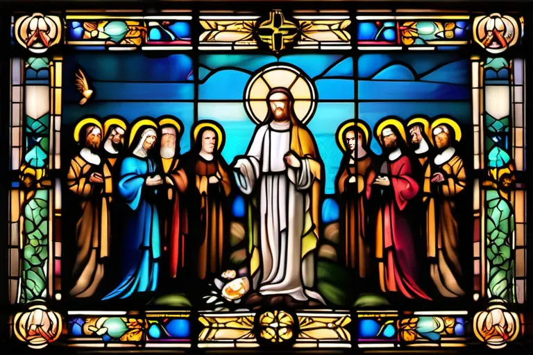 A stained-glass window depicting various saints and religious symbols, with a cross at the center. - Christian Catholicism