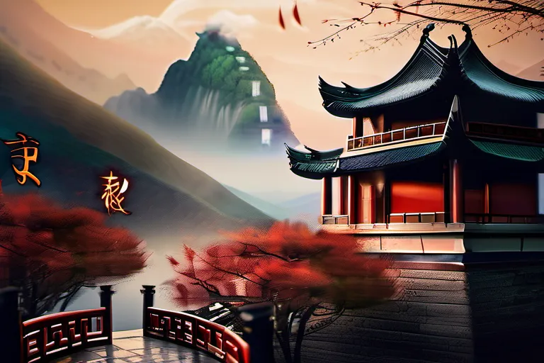 An image depicting a traditional Chinese temple with mountains in the background, symbolizing the connection between humans and the spiritual realm in Confucianism. - Confucianism, gods, afterlife