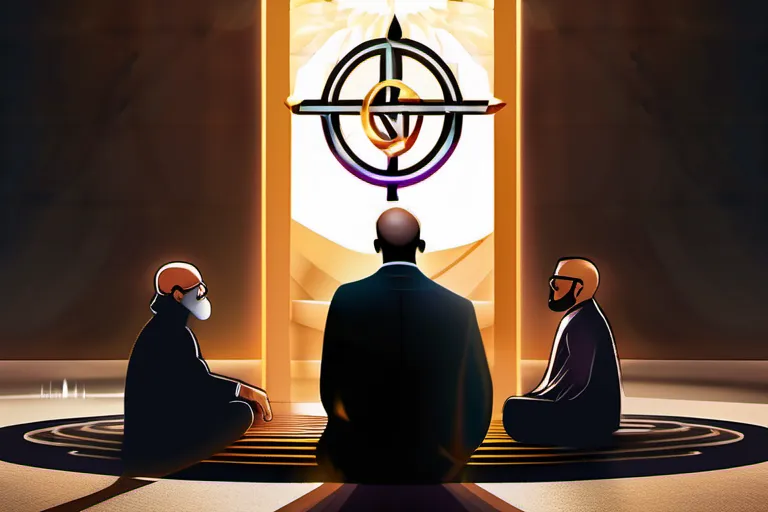 Create an image featuring a group of people gathered around a sacred symbol, with Emile Durkheim in the background, to represent the collective nature of religion according to Durkheim's theories. - Durkheim Religion