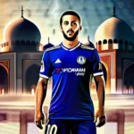 A dynamic image featuring Eden Hazard in his football kit, with a mosque or Islamic symbol subtly incorporated in the background. - Eden Hazard Muslim