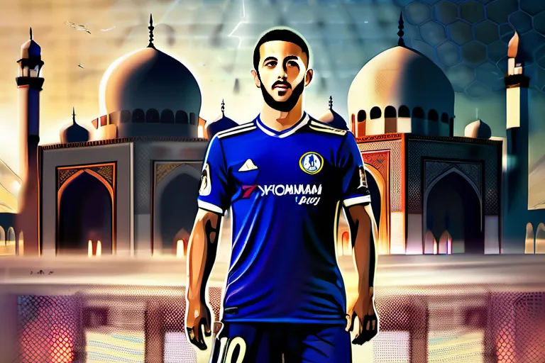 A dynamic image featuring Eden Hazard in his football kit, with a mosque or Islamic symbol subtly incorporated in the background. - Eden Hazard Muslim