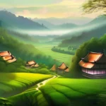 A serene image of a village nestled in a lush valley, with a sacred grove or temple visible in the distance. - Folk Religion