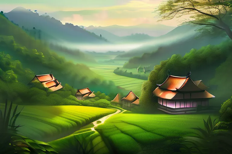 A serene image of a village nestled in a lush valley, with a sacred grove or temple visible in the distance. - Folk Religion