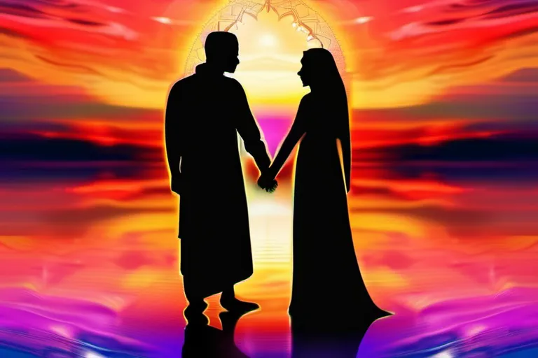 A beautiful couple from different religions standing hand in hand, with a colorful sunset in the background symbolizing unity and harmony. - interfaith marriage