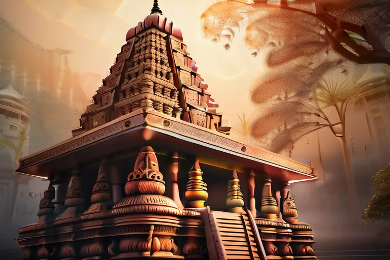 A serene image of a Hindu temple with intricate carvings depicting scenes from Hindu mythology. - Karma Hinduism