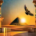 A majestic image of an Egyptian temple at sunset, with hieroglyphs and a falcon (Horus) soaring overhead. - Kemetism