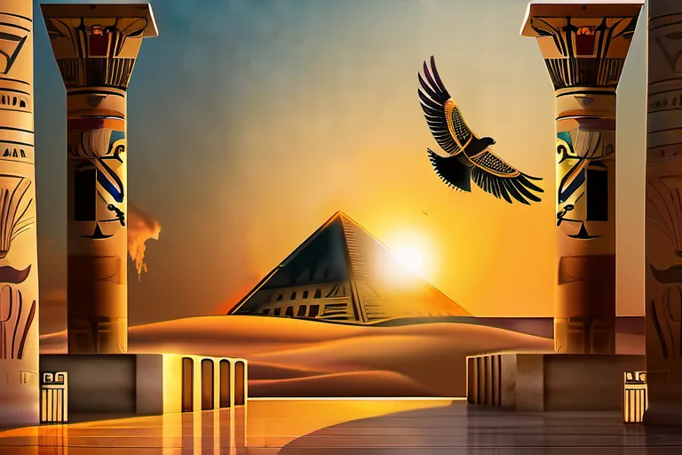 A majestic image of an Egyptian temple at sunset, with hieroglyphs and a falcon (Horus) soaring overhead. - Kemetism