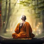 A serene image of a Buddhist monk meditating in a peaceful forest setting. - Buddhism